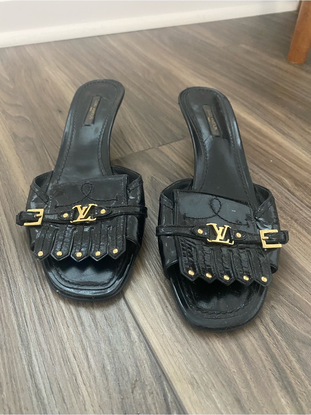 Louis Vuitton Black Patent Leather Fringe Mules with Gold Hardware